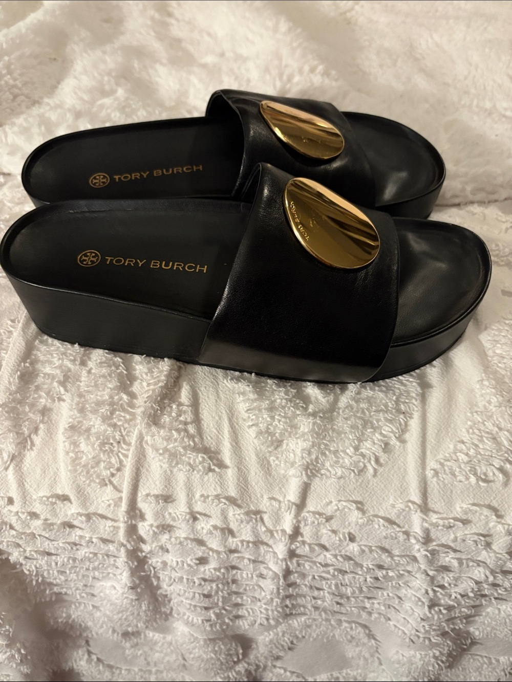 Tory Burch Black Leather Slide Sandals with Gold Medallions - Picture 2 of 4